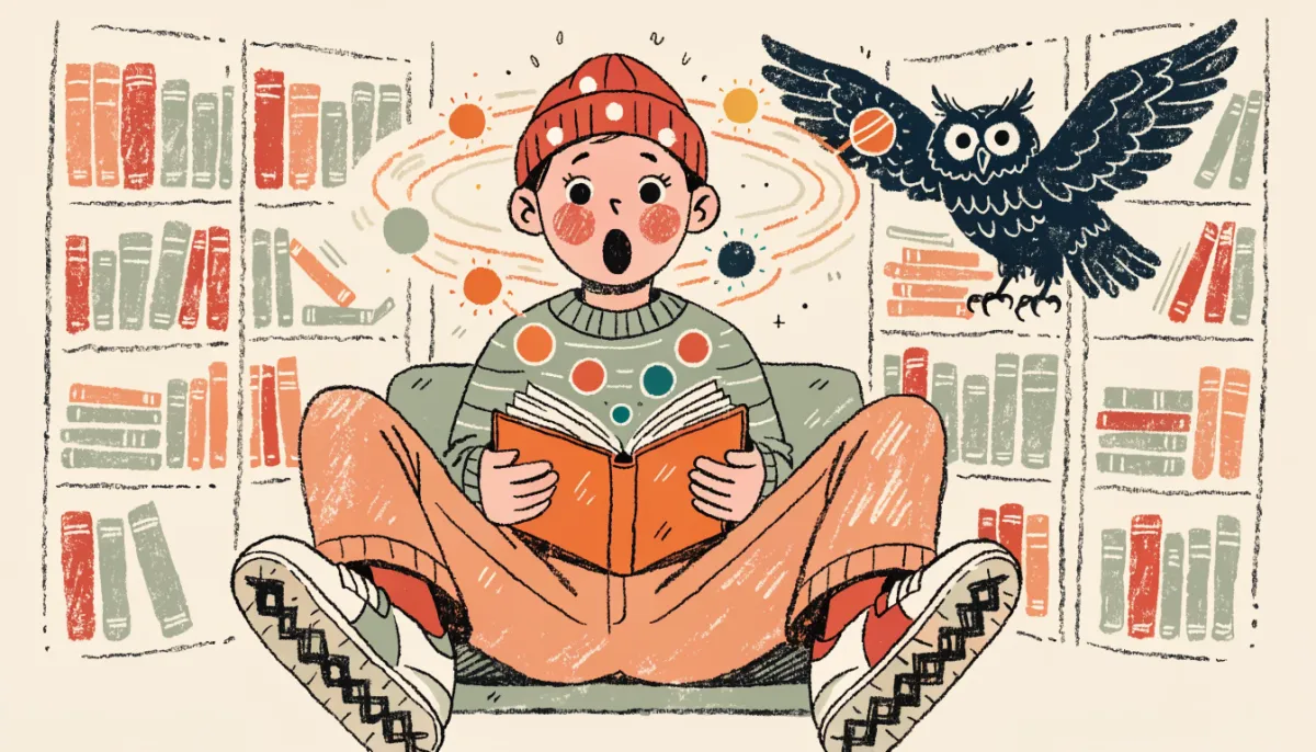 Retro cartoon illustration of an amazed student reading a book with glowing word-orbs floating out of the pages, with an owl catching one in its wing