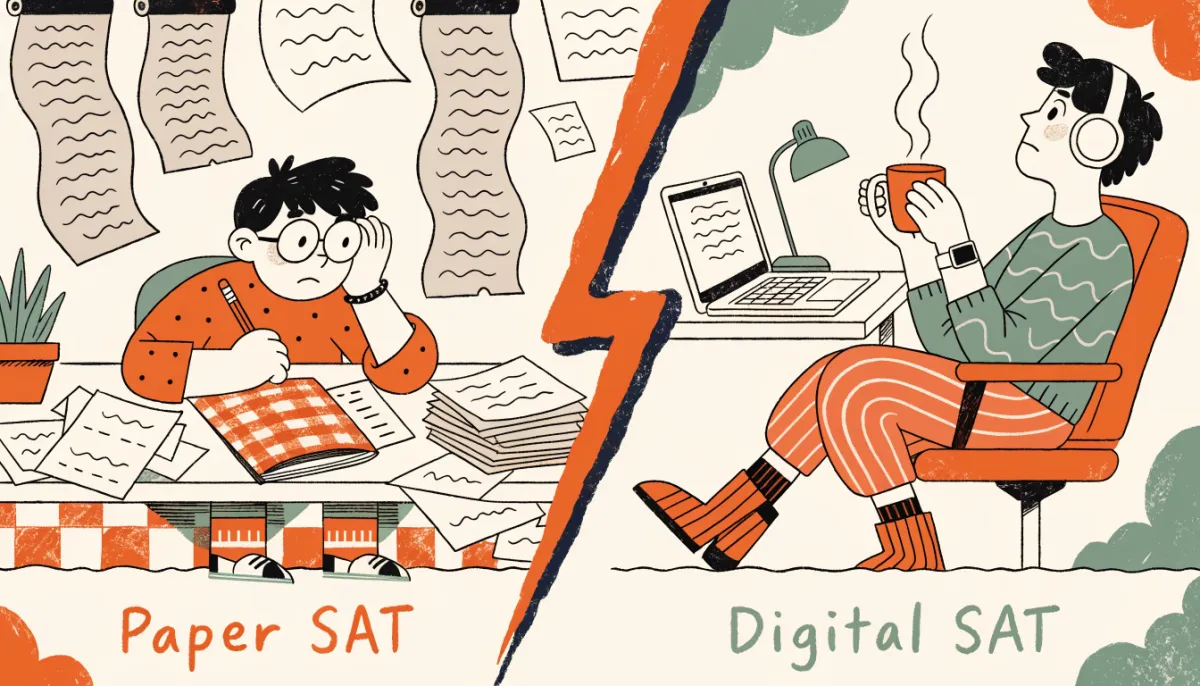 Retro cartoon illustration comparing the old paper SAT with long passages to the new digital SAT with a student at a laptop, split by a lightning bolt