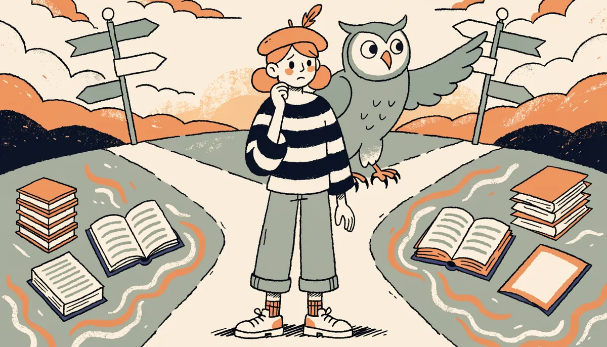 Retro cartoon illustration of a student at a crossroads with two study paths, one for vocabulary and grammar, one for reading comprehension, with an owl guide