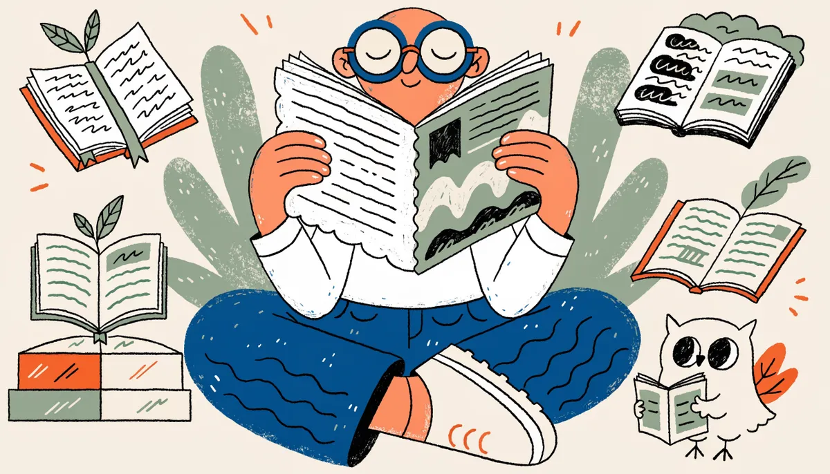 Retro cartoon illustration of a student reading a newspaper surrounded by floating books and open magazines, with a small owl reading its own book nearby