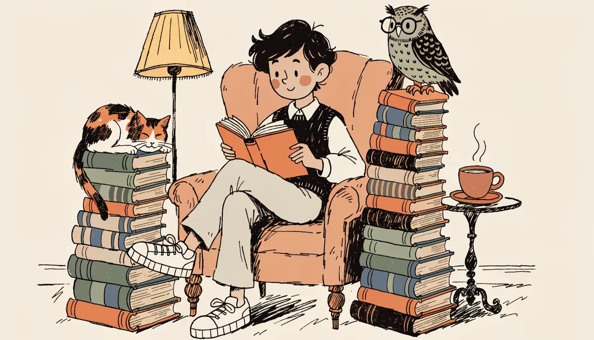 Retro cartoon student reading in an armchair surrounded by tall stacks of books with an owl perched nearby