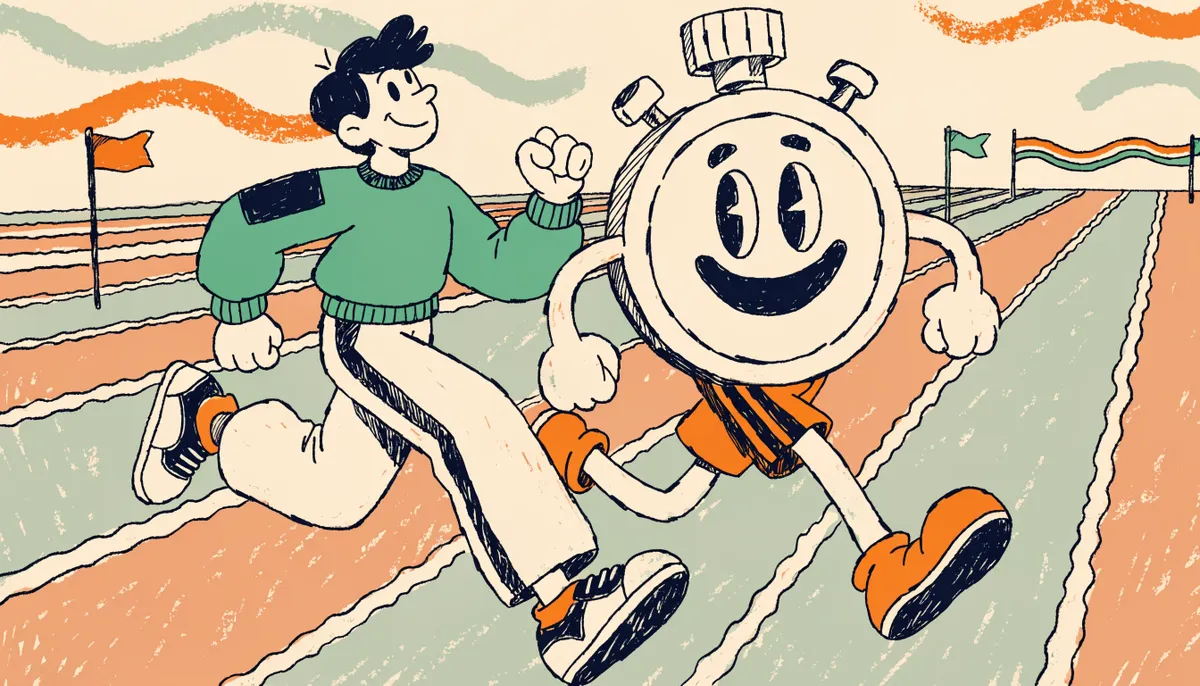 Retro cartoon student jogging on a track alongside a friendly stopwatch character with checkpoint flags