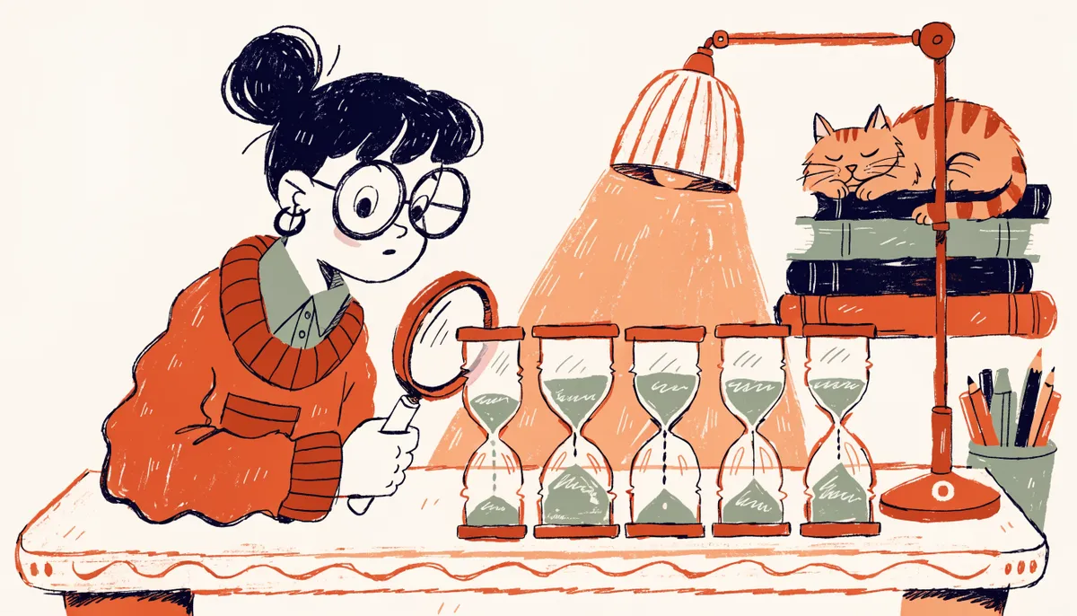 Retro cartoon student examining different sized hourglasses under a desk lamp with a sleeping cat
