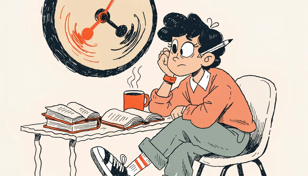 Clay student reading under a clock, the extra-time SAT practice frame rather than different questions