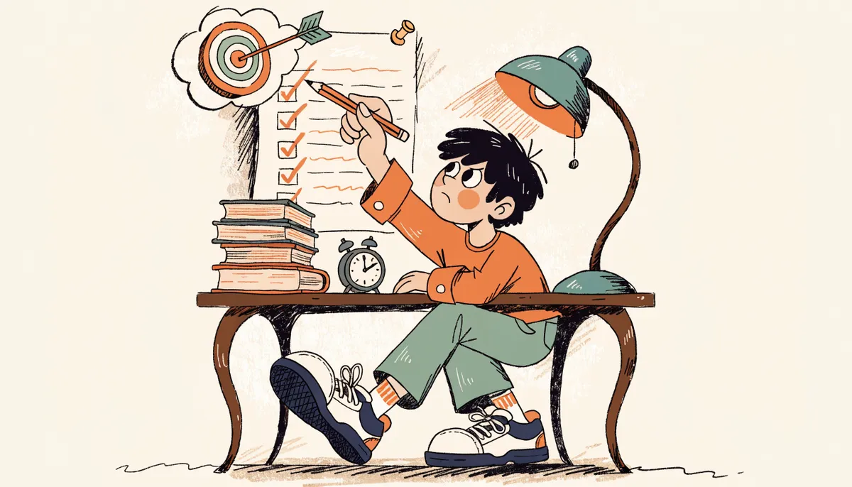 Retro cartoon student at a desk checking off items on a study checklist with books and an alarm clock nearby