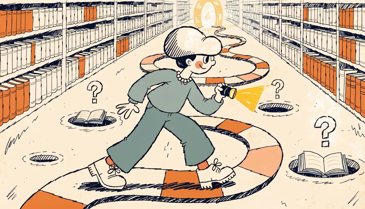 Retro cartoon student navigating pitfall traps on a winding library path with a flashlight