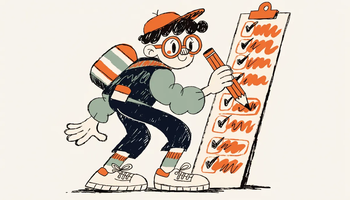 A cheerful cartoon student checking off items on a tall clipboard checklist with a big pencil