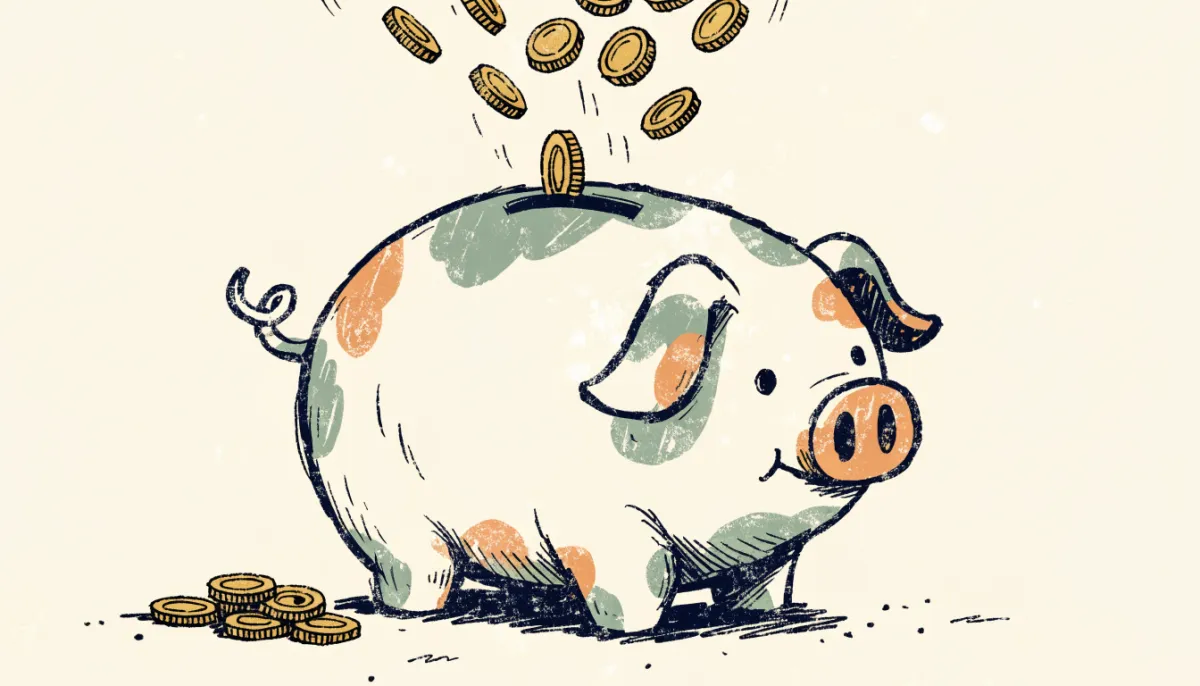 A cheerful cartoon piggy bank with gold coins dropping into it from above