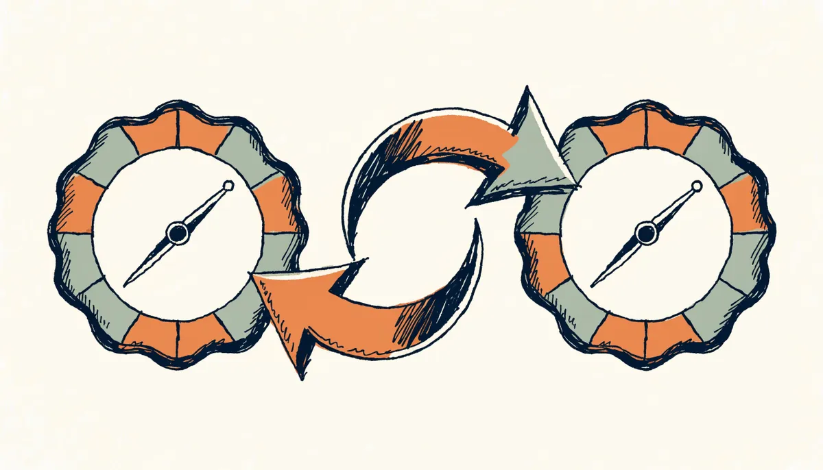 Two cartoon dial gauges side by side, each with a needle, combining into one