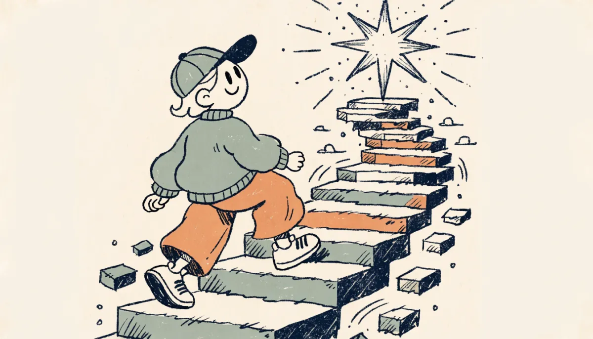 A cartoon student climbing a rising staircase of blocks toward a glowing star at the top