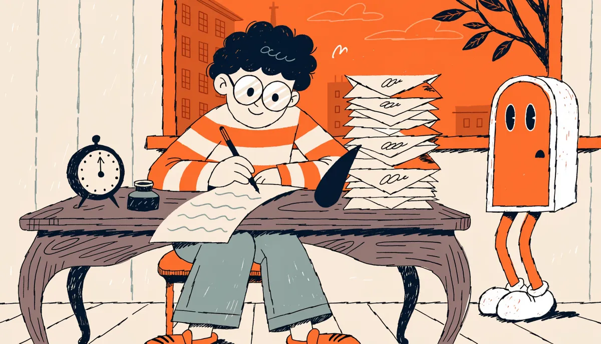 Cartoon student filling out a paper registration form with a dip pen at a wooden desk