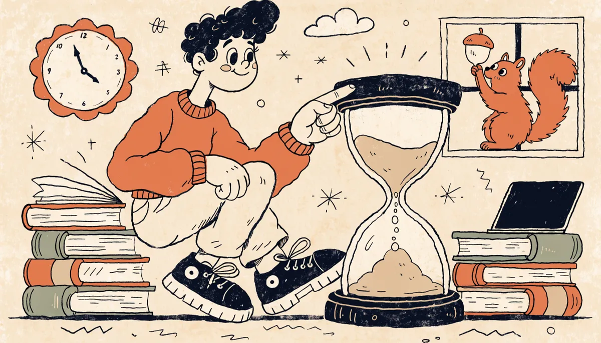Cartoon student pointing at a large sand hourglass on a desk with a small wall clock nearby
