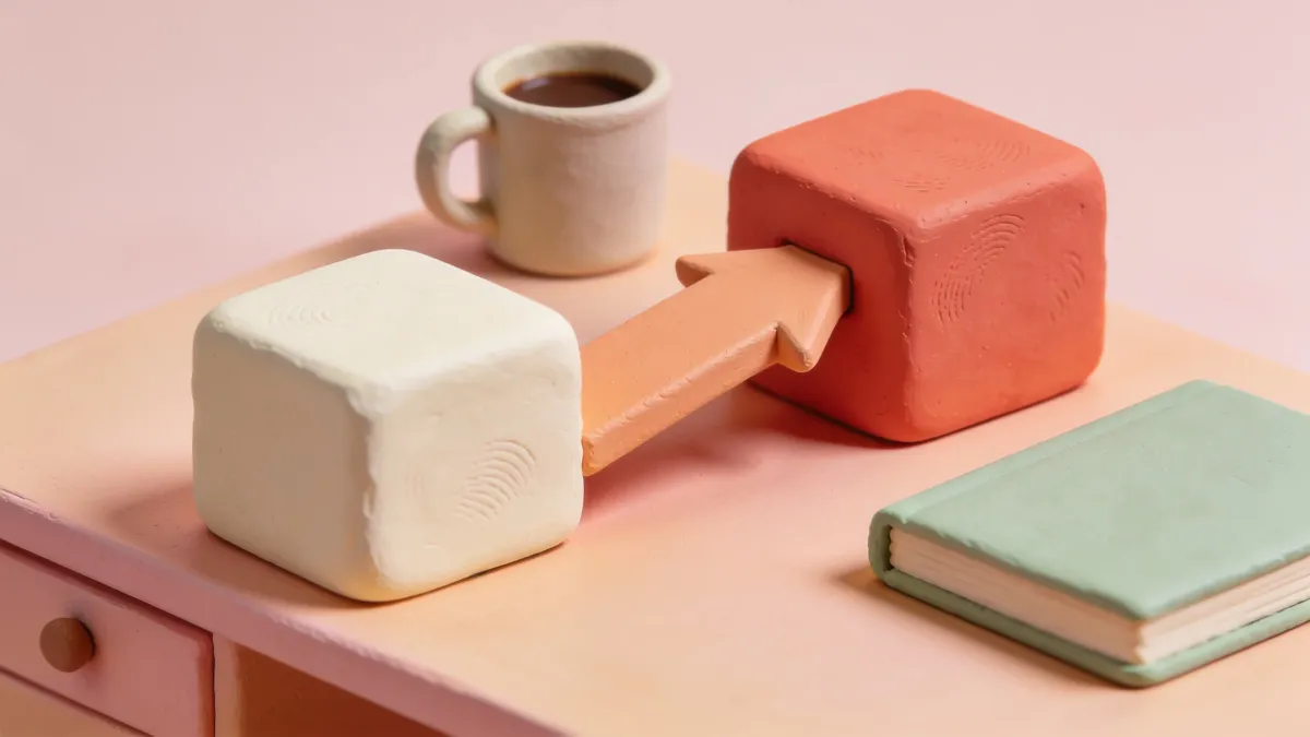 Clay illustration of a cream block and a coral block joined by an arrow on a desk, beside a coffee mug and a green book