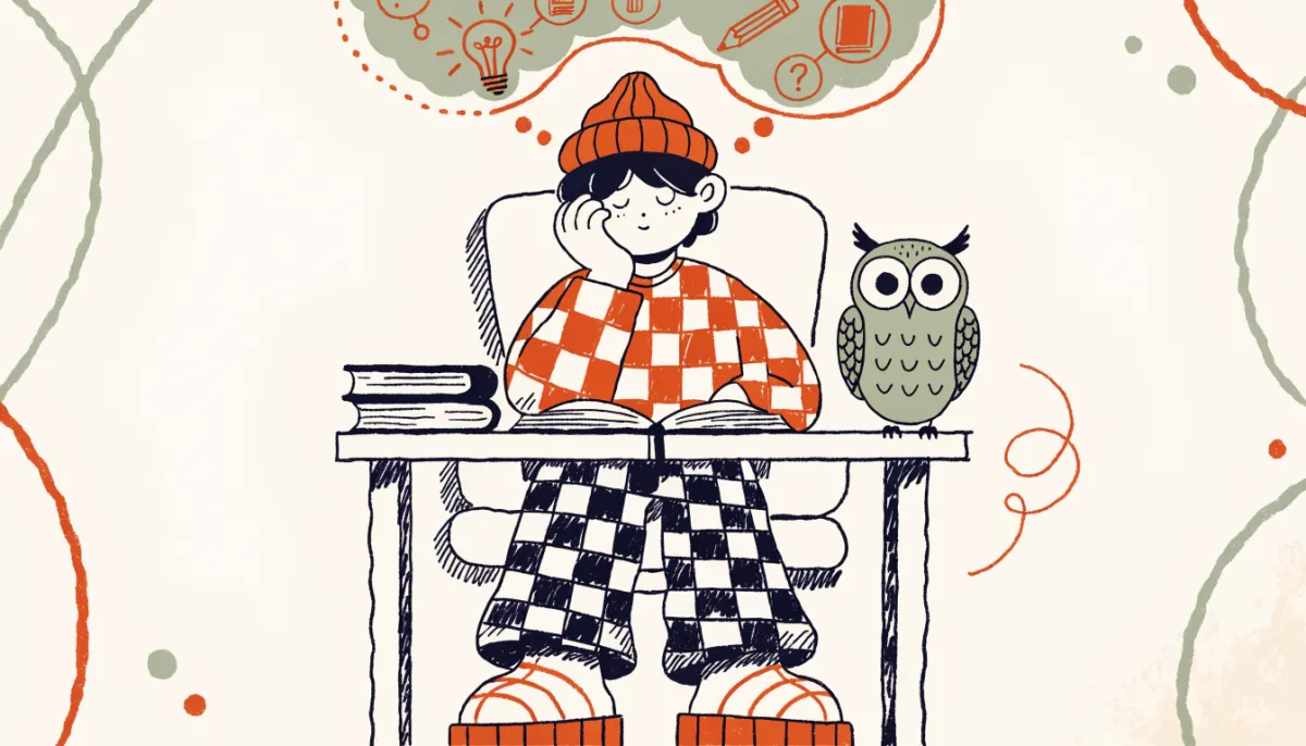 Retro cartoon illustration of a student thinking at a desk with a thought bubble containing connected idea icons, with an owl sitting nearby