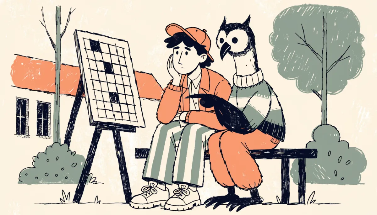Retro cartoon illustration of a student and owl sitting on a bench studying a scoreboard on an easel with a school campus in the background