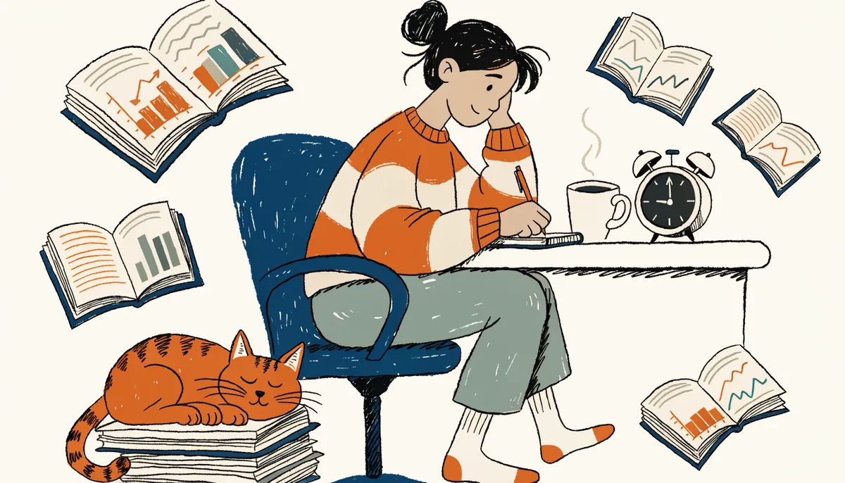 Student confidently working through science passages with charts and graphs floating around