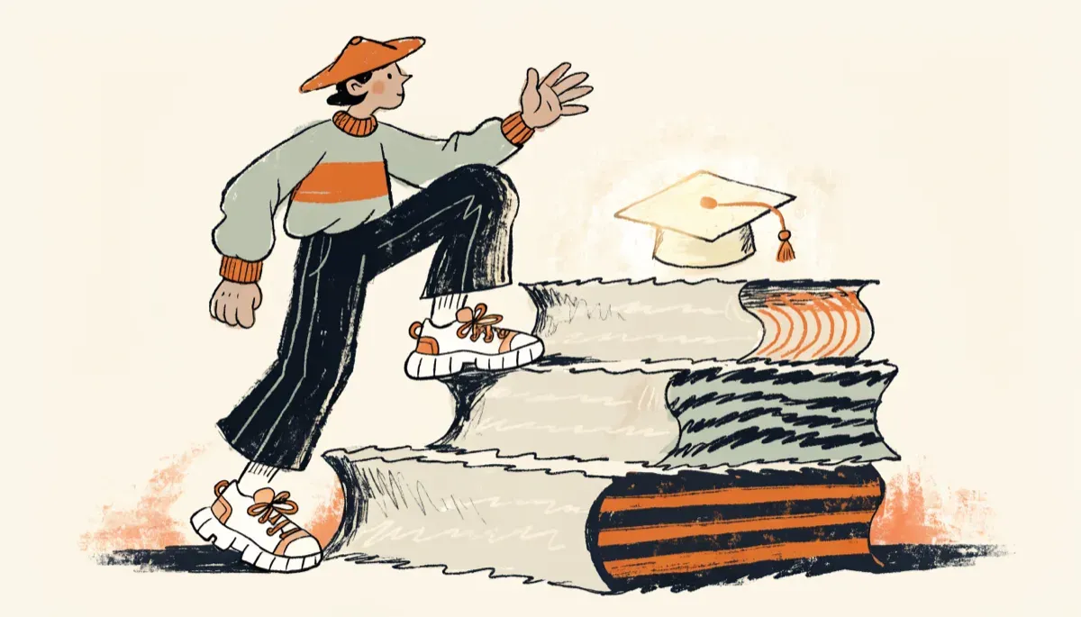 Illustration of a student climbing a staircase of books toward a graduation cap, representing rising TOPS award tiers