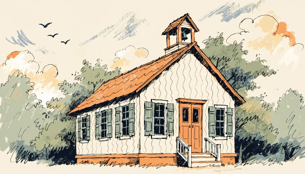 A vintage cartoon schoolhouse with an old-fashioned bell and a chalkboard, in a nostalgic style