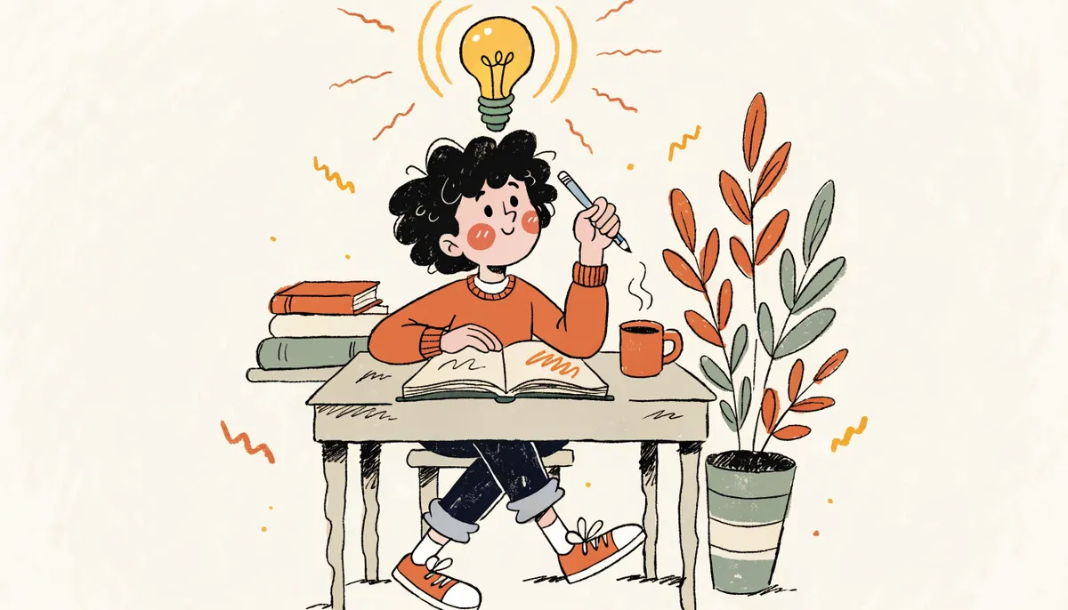 A cheerful cartoon student at a desk with a pencil and an open book, a lightbulb glowing above