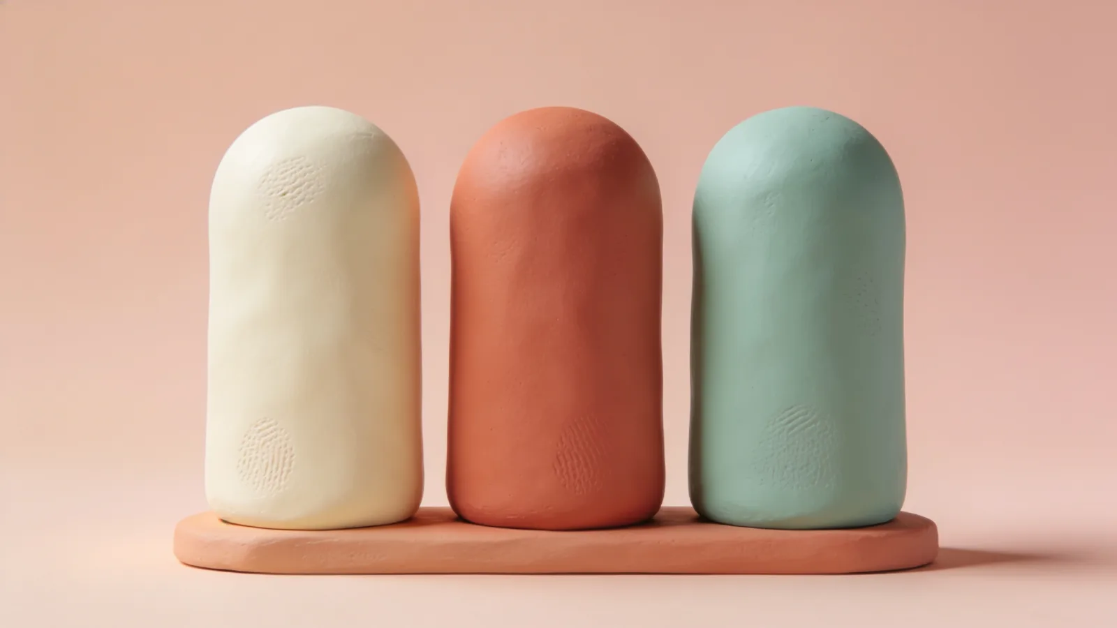 Three rounded clay pillars in cream, terracotta and sage green standing side by side on one shared clay base, standing for the CLT's three equal sections