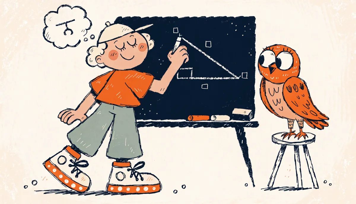 Cartoon student drawing a right triangle on a chalkboard with an owl teacher looking on